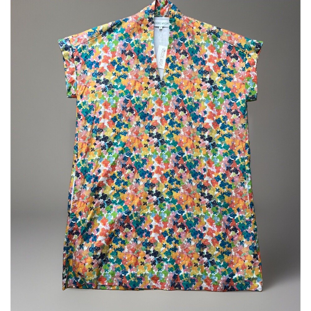 Brooke Wright Nancy Floral Dress Sz XL Linen Cotton Shift Colorful Pockets NEW
